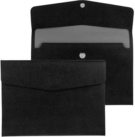 COMNICO Document File Folder, 1Pcs PU Leather A4 Envelope Folder Expanding File Organizer Waterproof Portfolio Black Storage Case with Invisible Magnetic Closure