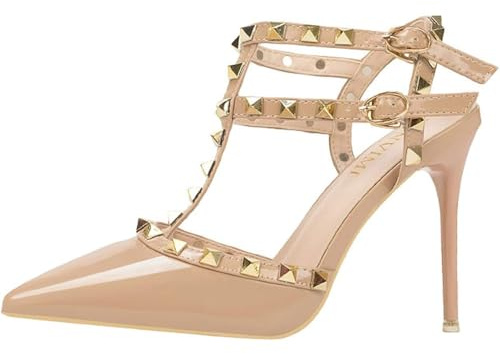 SPONYBORTY Sandali con borchie da donna Tacchi alti Stiletto T Strap Pizzo Punta chiusa Slingback Décolleté da sposa Abito da festa Comode scarpe da sposa 10 cm ginocchio/A/39EU