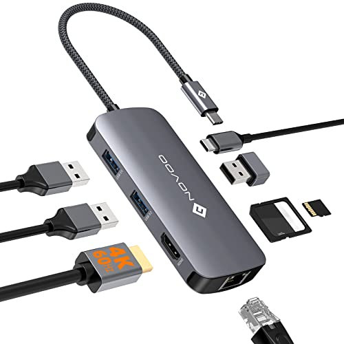 NOVOO Adaptateur USB C vers HDMI, 8-en-1 Hub USB C vers Ethernet Gigabit, HDMI 4K@60Hz, USB A X 3, 100W PD, SD/TF Multiport Dock pour MacBook Air/Pro, Lenovo, Surface, Galaxy