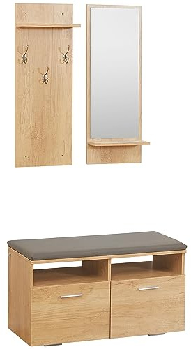 HOMCOM Ensemble de Meuble d'entrée vestiaire d'entrée 3 en 1, 1 Porte-Manteau avec étagère, 1 Miroir avec étagère, 1 Banc à Chaussures avec Coussin en polyuréthane