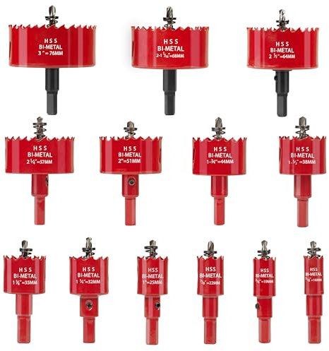 Universal Lochsäge Set,13tlg Lochsägen Set,Lochkreissäge mit 13 Ø16mm-76mm Lochsäge,Schnellarbeitsstahl M42,Ideal für die Verwendung auf Weichholz, Gipskarton, PVC und Kunststoffplatten