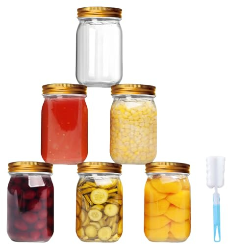 DYUEE Overnight Oats Pickling Jar 6Pack Clear Glass Mouth Mason Jars 500Ml Airtight Preserving Jars With Gold Metal Lids, for Pickling Overnight Oats Pickle Dry Food Snacks Candies Storage