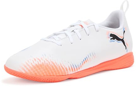 PUMA Unisex-Child Future Play Indoor Training Soccer Shoes, White-Black-Glowing Red AH25, Big Kid 4