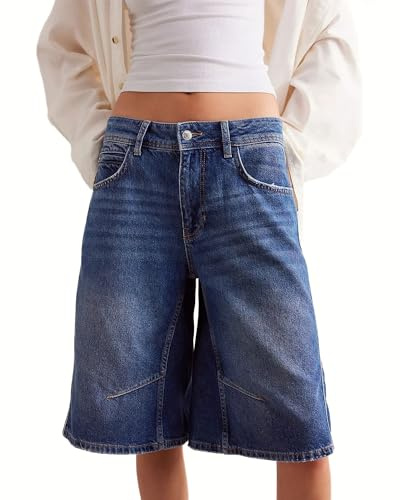 Cusghjbsg Short en jean ample pour femme - Longueur genou - Été décontracté - Motif cœur - Taille haute - Bermuda ample - Jambe large - Avec poches, Bleu F, XL