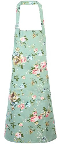 XLIUAX Floral Aprons with 2 Pockets, Adjustable Cotton Chef Apron for Women Kitchen Cooking Baking Gardening Crafts(Green)