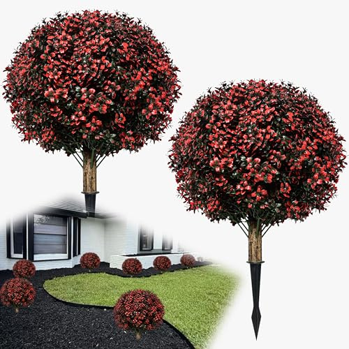 MA3TY Árboles artificiales para exteriores de 68 cm de alto, 2 unidades de bolas de boj (40 cm de diámetro), ideales para decorar balcones, interiores o jardines, color rojo