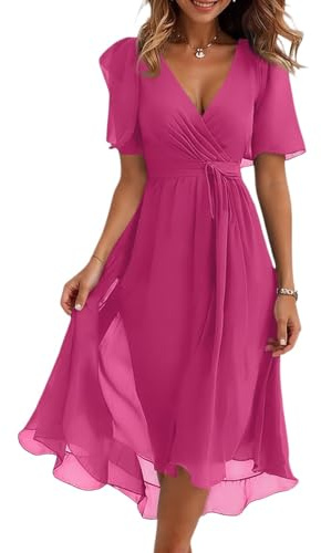 VLOYSR Robe Femme Longue Tunique Robes de Mariage Casual Manches Empire avec Ceinture Chiffon Sexy Chiffon Col en V Été pour Fleurie D'été Soleil