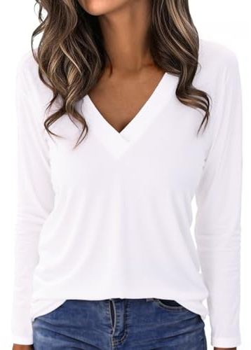 Aottori Maglietta Donna Maniche Lunghe Maglia Scollo a V Larga T-Shirt Leggero Sexy Tee Shirt Elasticizzato Top Elegante Sottogiacca per Leggings Casual Basic Bianco M