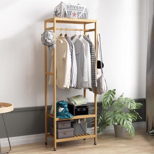 Laneryin Bamboo Clothes Rack, Portable Clothes Rail With Shoe Storage, Open Wardrobes, Freestanding Clothes Rail for Entryway, Bedroom, Living Room