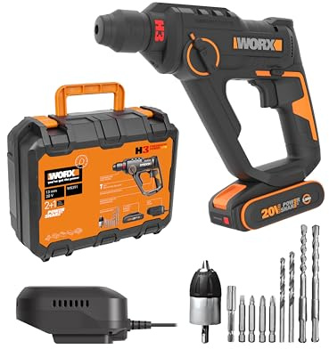 WORX Martello perforatore senza fili 20 V 1,2 J WX391, foratura rapida in calcestruzzo, 3 funzioni in 1, fornito con 10 punte per calcestruzzo, legno e metallo, batteria 2 Ah e caricatore rapido 2 A