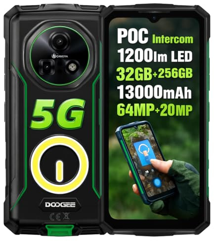 DOOGEE Móvil Rugerizado 5G Fire 7 Pro, Intercom POC, Linterna 1200lm, 32GB+256GB, 13000mAh, 64MP+20MP Visión Nocturna, 6.6'' HD+, Gemini AI, Smartphone IP68 IP69K Resistente, 3 Ranura, NFC Verde