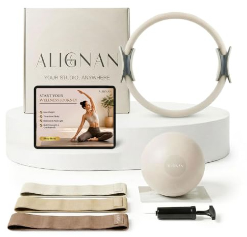 ALIGNAN Pilates Kit for Home Workouts with 14” Pilates Ring, 8” Mini Pilates Ball, and 3-Piece Booty Band Set, Pilates Essentials Kit for Women with Guided Workout Video, Home Pilates Equipment-Beige.