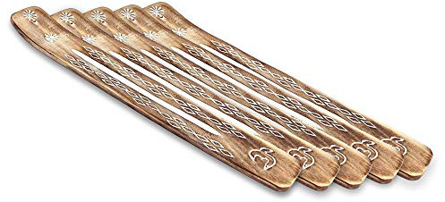 Exklusiv uppsättning av 5 rökelsehållare handgjorda, bruna av sheeshamträ för att bränna rökelsepinnar, längd ca 26 cm vardera, bredd ca 3,6 cm vardera