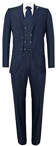 Mens 3 Piece Navy Blue Suit Gatsby 1920s Blinders Gangster Pinstripe Tailored Fit 36/30W