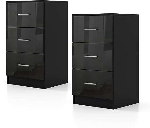 COSTWAY 2 Mesitas de Noche con 3 Cajones, Mesillas de Noche de Madera, Archivador con Cajones, Salon Dormitorio Oficina, 37 x 34 x 66,5 cm,Negro