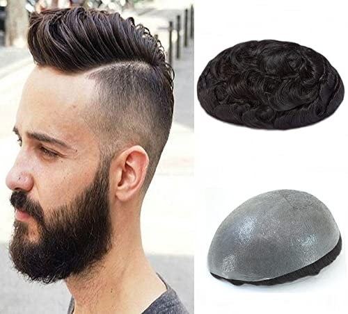 Axowr Toupet für Herren Super 0.1 mm Haut Alle V-Looped-Technologie mit 100% Echthaar Herrenersatz für Herren (#1B)