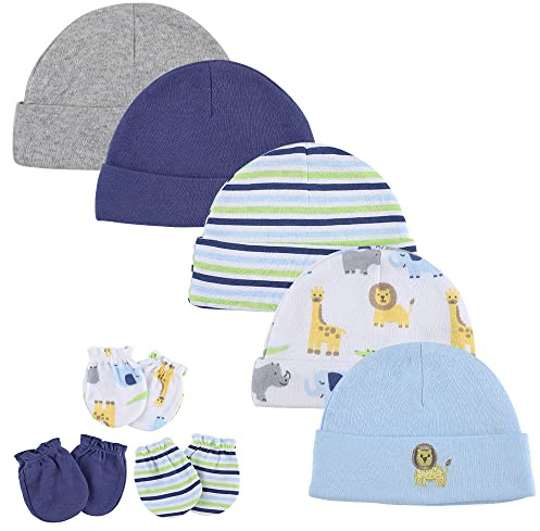 LACOFIA Conjunto de Sombreros y Manoplas para Bebé Niños 100% Algodón Gorras y Guantes Anti-arañazos para Recién Nacido 8 PCS León Azul 0-6 Meses
