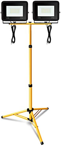 Eulenke Projecteur de Chantier LED Télescopique, 2x20W 1700LM Blanc Froid avec Trépied Télescopique Réglable, Étanche IP66 pour l'intérieur et l'extérieur Chantier (Câble 1M, Sans prise)
