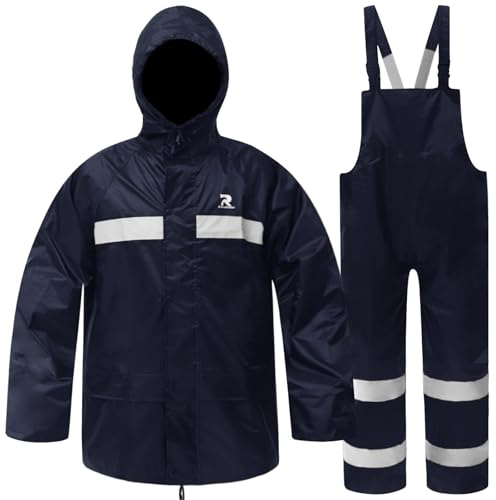 RainRider Rain Suits for Men Women Waterproof Fishing Rain Jacket Bib Pants Lightweight Reflective 3-Piece Rain Gear (Navy, XL)