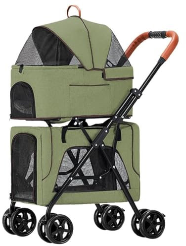 Klappbarer Hundewagen, 2 Etagen Hundewagen Hundebuggy Mit 2 Abnehmbaren Taschen, Haustierwagen Mit Netzgewebe & Rädern Mit Bremsen, Pet Stroller Hundebuggy Für Mehrere Haustiere ( Color : Green )
