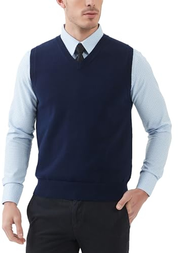 Kallspin Uomo Cotone Senza Maniche Maglie con Scollo a V Gilet in Maglia Pullover dal Taglio Rilassato(Blu Navy, 3XL)