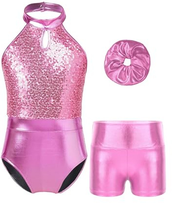 Traje de Baile Lentejuelas Niña Body Ballet sin Manga Leotardo de Gimnasia | Maillot Danza con Leggings Cortos de Metálicos para Gimnasia Rítmica, Patinaje Artístico y Espectáculos de Danza 5-14 Años