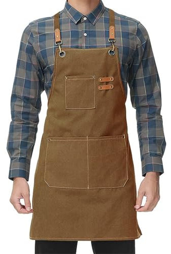 CBBEONRN Delantal De Barbacoa con Correa Cruzada Ajustable Delantales De Cocina con Bolsillos Delantale para Mujeres Hombres para Jardinería Restaurante Barbacoa Hornear Brown,One Size
