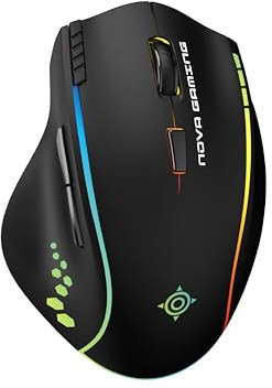 NOVA GAMING Persee - programmerbar trådlös RGB-spelmus - anpassningsprogramvara, justerbar DPI, 9 LED-animationer, uppladdningsbar mus