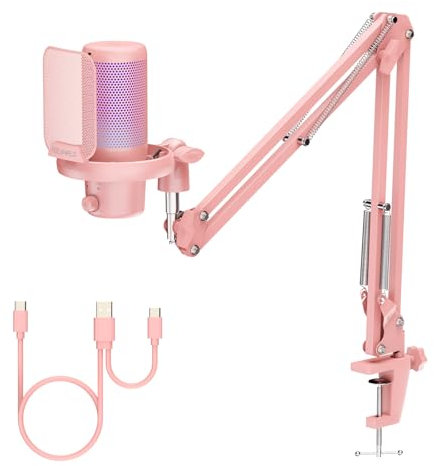 Feelworld VM1 USB Gaming Microphone with Cantilever Stand for Recording Podcasts, Video Games, Studio PC Microphone, Pink with Cardioid Pointing, RGB Lighting,Anti-Spray Mesh