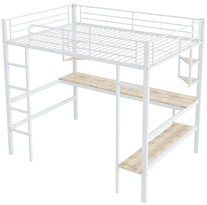 Azkoeesy Letto a soppalco in metallo con scrivania, 90 x 200 cm, letto per ragazzi, letto a castello, con somier e rete, protezione contro le cadute e scaffali, per adolescenti e adulti, colore bianco