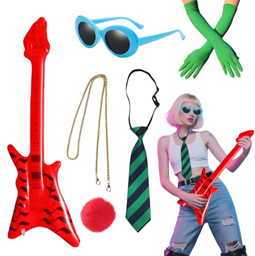 Mprocen Halloween Costume Accessories Set, 6 Pcs Halloween Green Costume Accessory Cosplay Kit with Foil Balloon Guitar Glasses Adult Men Women Cosplay Party Dress Up