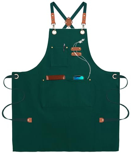 umboom Tabliers de Toile Vert, Chef Travail Tabliers avec Sangle Réglable et 3 Poches pour Homme Femme Serveur Cuisine Jardin Restaurant Café Bar Peinture (Dos Croisé, Vert)