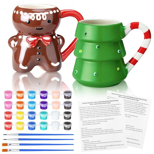 Vesici 2 Sets Paint Your Own Christmas Mugs Kits with 12 Color Paints Brush Instruction Manual Ceramic Gingerbread Man Christmas Tree Mugs Xmas DIY Painted Cup Winter Holiday Gift Art Favor