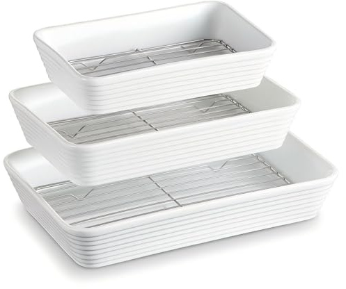 ONEMORE Set de 3 Plats à Four en Céramique avec Support | Formes Rectangulaires pour Lasagne, Tiramisu, Gratins et Préparation de Pâtisseries | 3 Tailles Incluses : 2,8 L, 2 L et 1,2 L