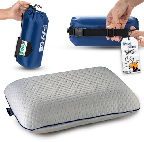 alkamto Cuscino da viaggio, supporto ergonomico per il collo, da campeggio, in memory foam, con federa termoregolante, borsa da viaggio impermeabile inclusa, colore grigio, 40 x 25 x 10 cm