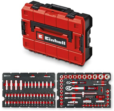 Original Einhell E-Case valigetta attrezzi 92 pezzi officina (dotazione officina, bussole auto, accessori inserti, set bussole, cricchetti reversibili, chiavi esagonali, valigetta sistema)