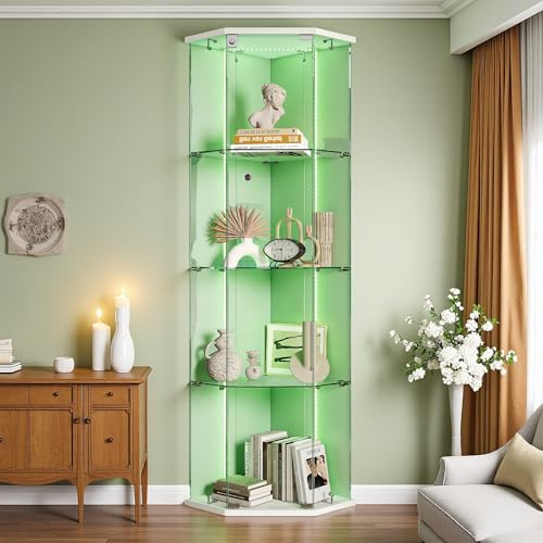Vitrina de cristal con LED, vitrina de colección con 4 estantes de vidrio y puertas con cerradura, vitrinas templadas modernas para sala de estar, dormitorio (tira LED blanca A, 60x42.5x162 cm)