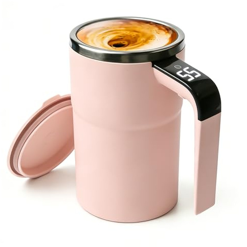 Taza autoagitadora, 380 ml, taza de autoagitación con indicador de temperatura, taza de café automática, taza de café inteligente, mezcla automática, taza magnética para proteínas de café, rosa