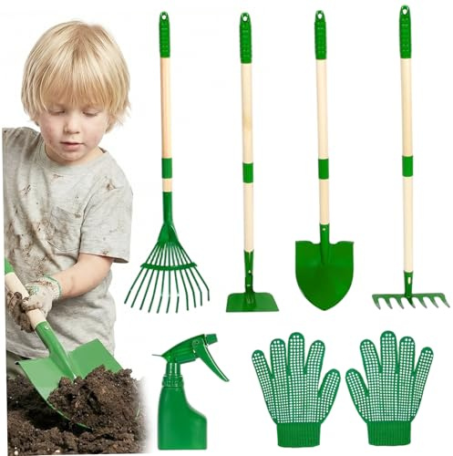 Juego de jardinería para niños, juego de jardinería para niños pequeños, 6 piezas de herramientas para pequeños con pala y rastrillo, juguete verde para jardín al aire libre con mango de madera