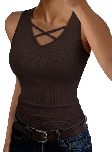 Aottori Canottiera Donna Estiva Scollo a V Canotta Senza Maniche Lunga Slim Fit Coste Tank Top Elegante Sexy T Shirt Tinta Unita Basic Incrociata Casual Marrone S