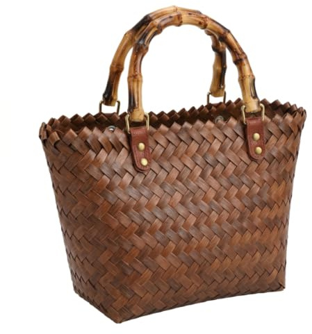 Neptuiby vävd väska handvävd vävd strandväska för kvinnor med bambuhandtag stor kapacitet bruna korgväskor 30 cm x 7,23 cm.
