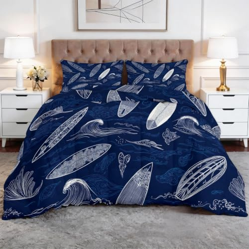 WHUOEUCO Blå surfbräda havsvågor enkel XL täcklöst täcke 150 x 200 cm, 7,5 Tog stort enkeltäcke, 400 GSM tvättbart vändbart sängtäcke för alla årstider