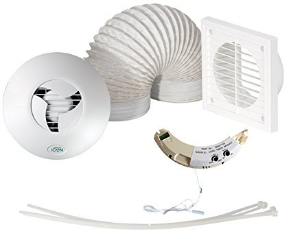Airflow iCON 15 Extractor Fan Kit - 100mm/4 - Comes with Humidity/Timer Module, White Grille, PVC Hose - 19 l/s, 9.7W Energy Efficient | 3-Year Warranty