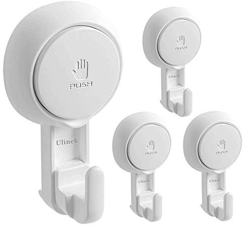 Ulinek 4-Pack Saugnapf Haken stark, Saughaken Bad Ohne Bohren, Max 5 KG, 1000 Mal Wiederverwendbar, 360 Grad Drehbare Saugknöpfe für Wand Handtuch Dusche Badezimmer Fliesen Tür Glas Küche Fenster