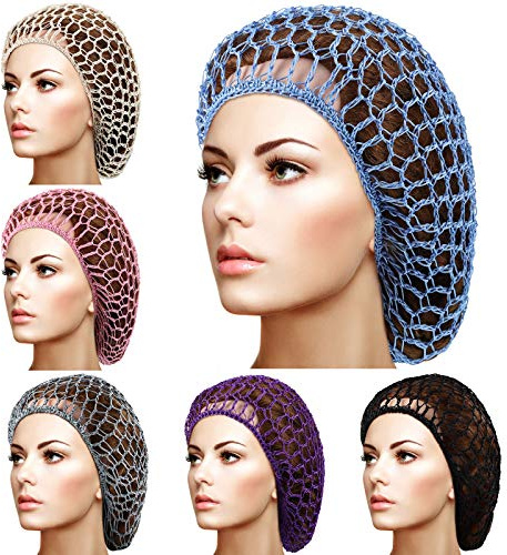 Geyoga 6 Pieces Hair Net Snoods for Women Sleeping Mesh Soft Rayon Knit Crochet Hairnet Long Short Curls Hair Cover Accessory (Black, Blue, Pink, Purple, Gray, Khaki)