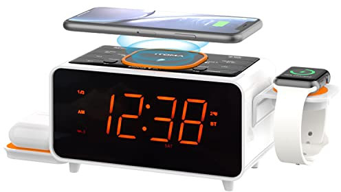 Radiosveglia, Caricabatterie Wireless Bluetooth 15 Watt, Porta USB, Doppia Sveglia Dock di Ricarica, Snooze, Sveglia Digitale Dimmerabile, Display da 1,4 Pollici Luce Notturna Led Arancio iTOMA CKS209