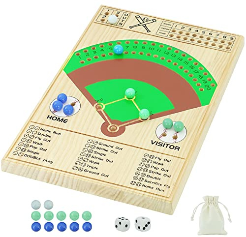 Jyquorp Baseball Dice Board Game Thick Solid Wood Dice and Marble Board Game Fun Color Pattern Double Battle Table Game for Family Party Holiday Gatherings (Log Color)…
