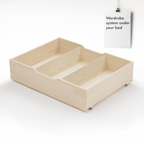 Hansales cassetto sottoletto in legno massello con ruote e scomparti 97,5x79x23cm, cassetti in legno per letti Kaja e Kulli.