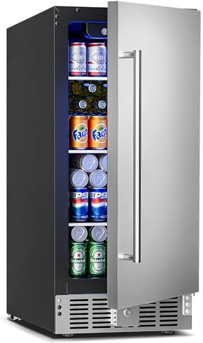 Feelfunn Refrigerador de bebidas bajo encimera de 15 pulgadas – Refrigerador de bebidas de 126 latas con puerta de acero inoxidable para cerveza, vino, refrescos – Enfriador de vino integrado o no