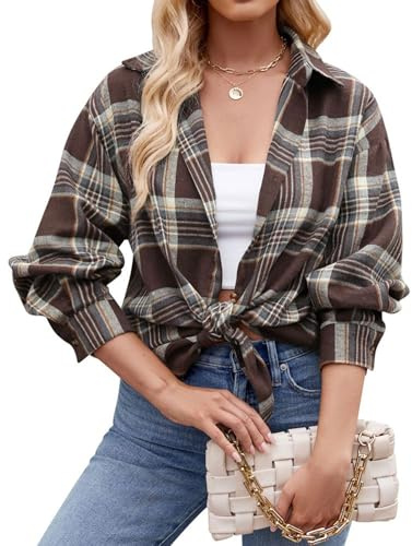 ALLureLove Camicia da donna in flanella, alla moda, a quadri, con bottoni, a maniche lunghe, casual, autunnale, Marrone, XL